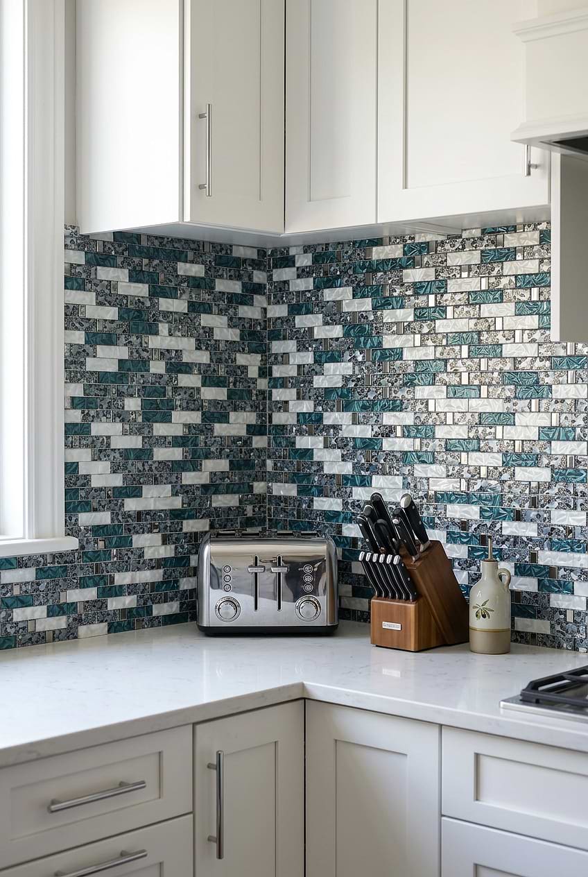Teal White Glass Mosaic Backsplash Kitchen BA8011