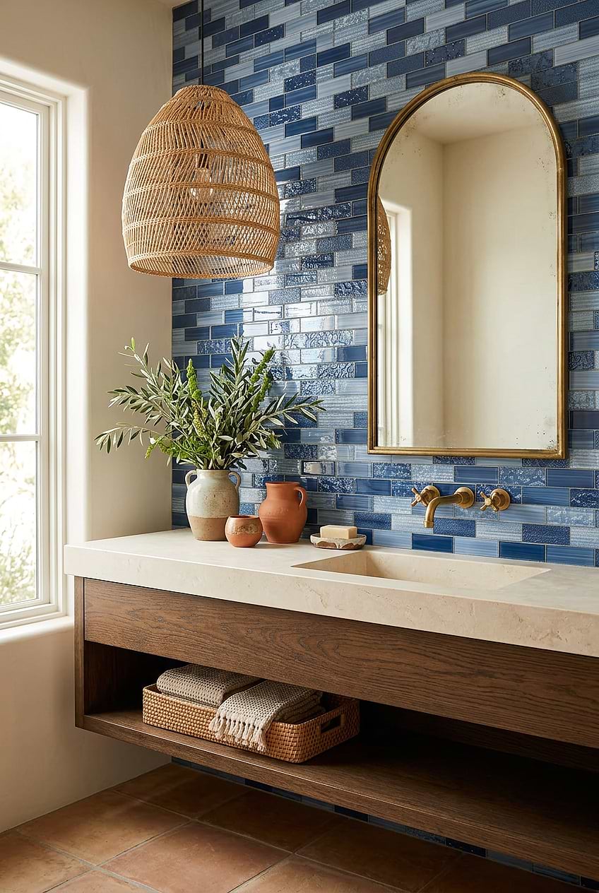 Textured Blue Glass Subway Bathroom Tile BA5530