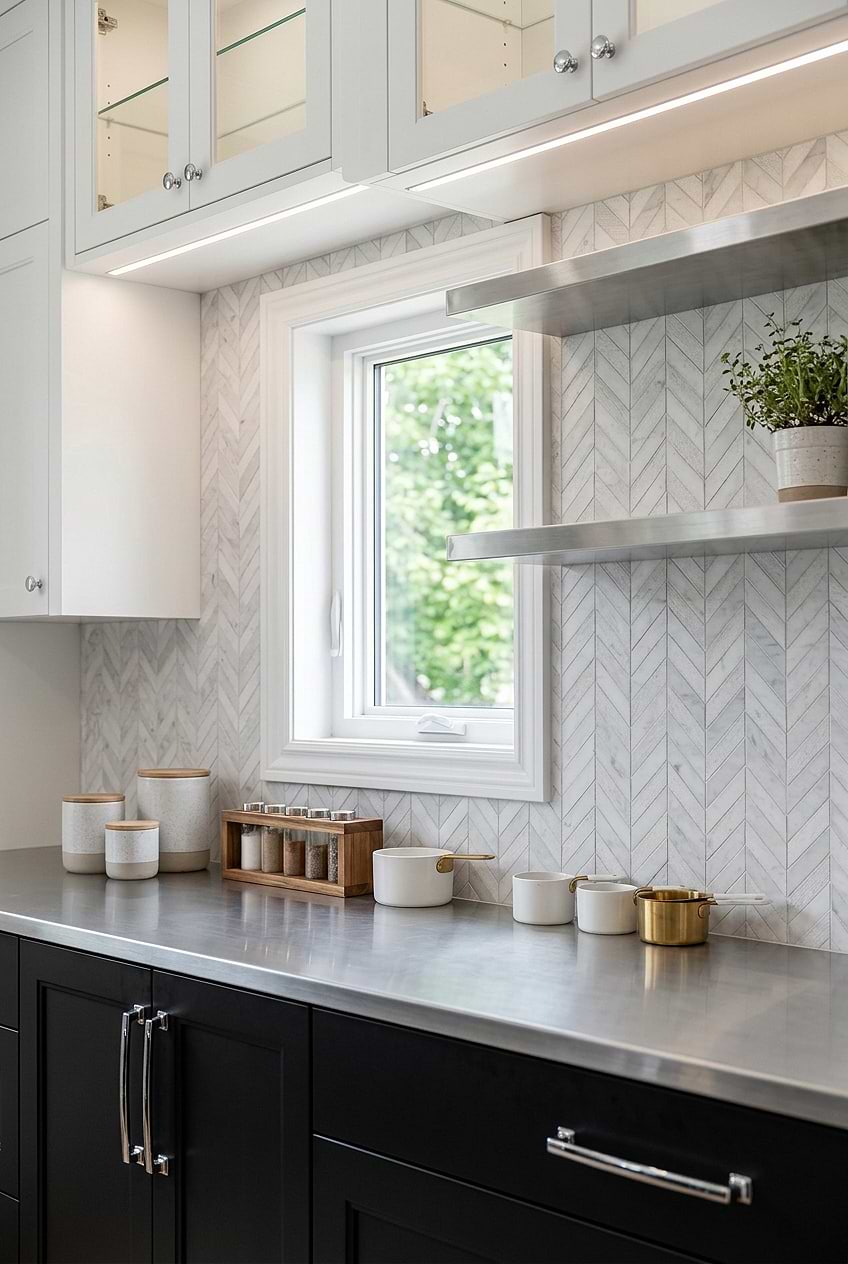 Textured Marble Chevron Tile with Steel Countertop BA631613