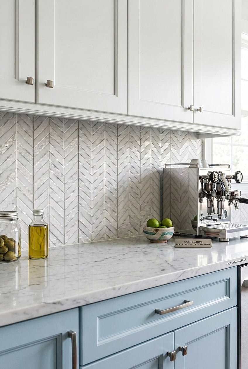 Textured White Marble Chevron Backsplash Tile BA631613