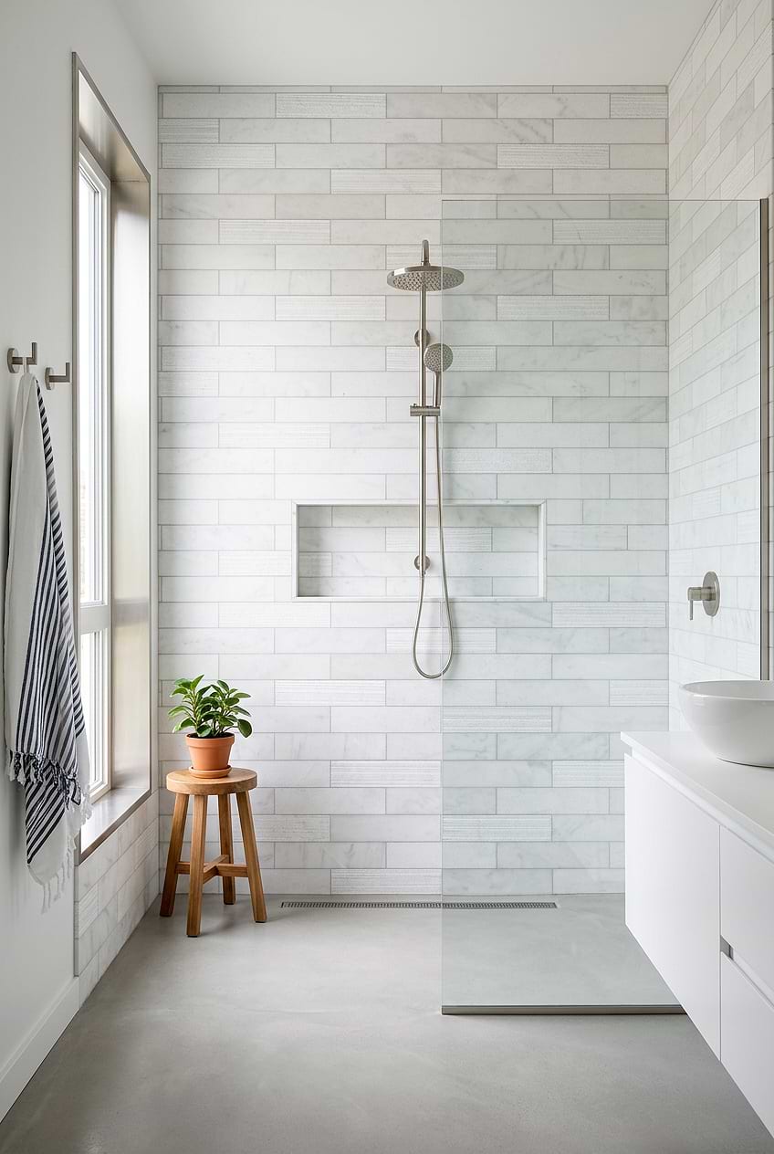 Textured White Marble Subway Shower Tile BA8035