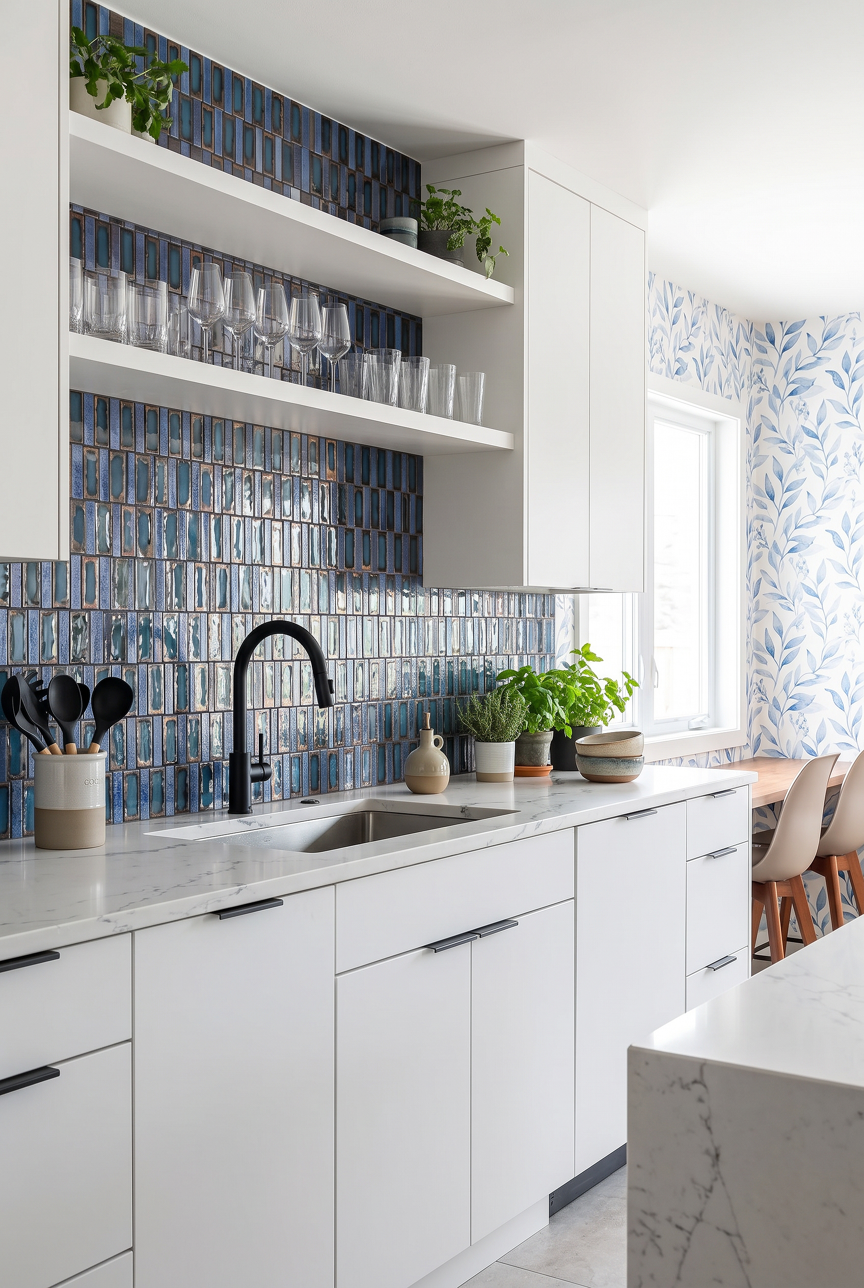 Vertical Blue Rustic Glass Kitchen Backsplash BA6204