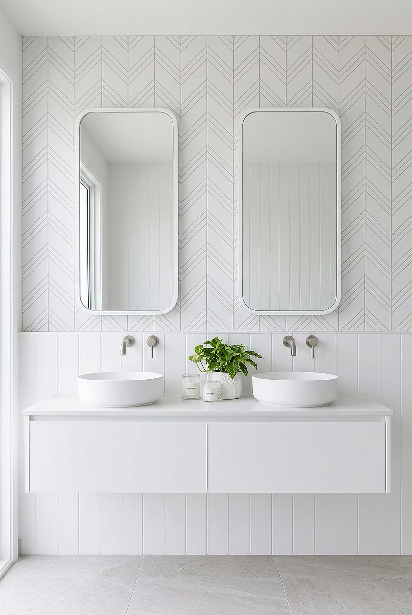 White Bathroom Chevron Marble Double Vanity Backsplash BA6301