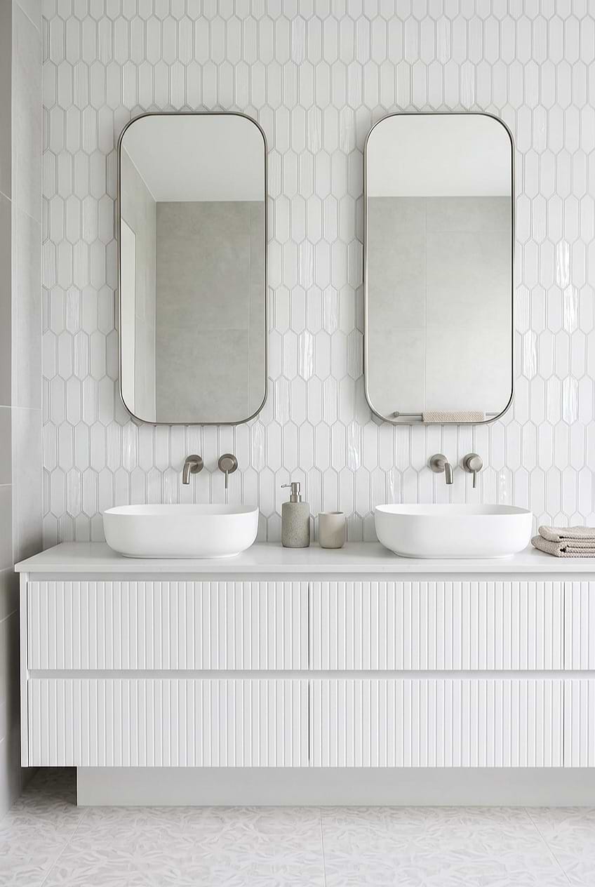 White Bathroom with Glass Pearl Picket Tile BA6701