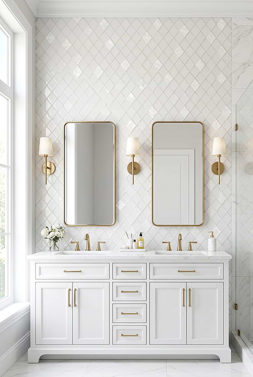 White Bathroom with Glass Shell Diamond Tile BA6706