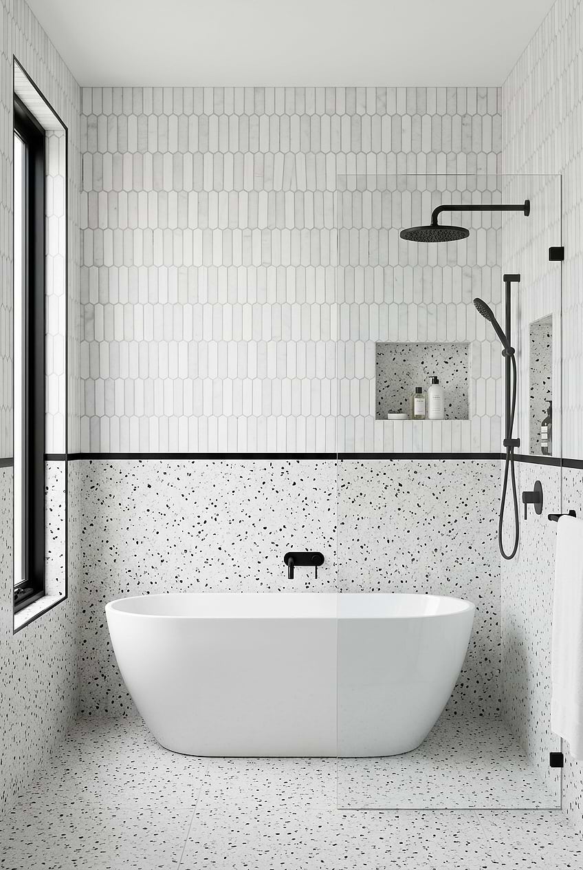 White Bathroom with Gray Marble Picket Shower Tile BA6321