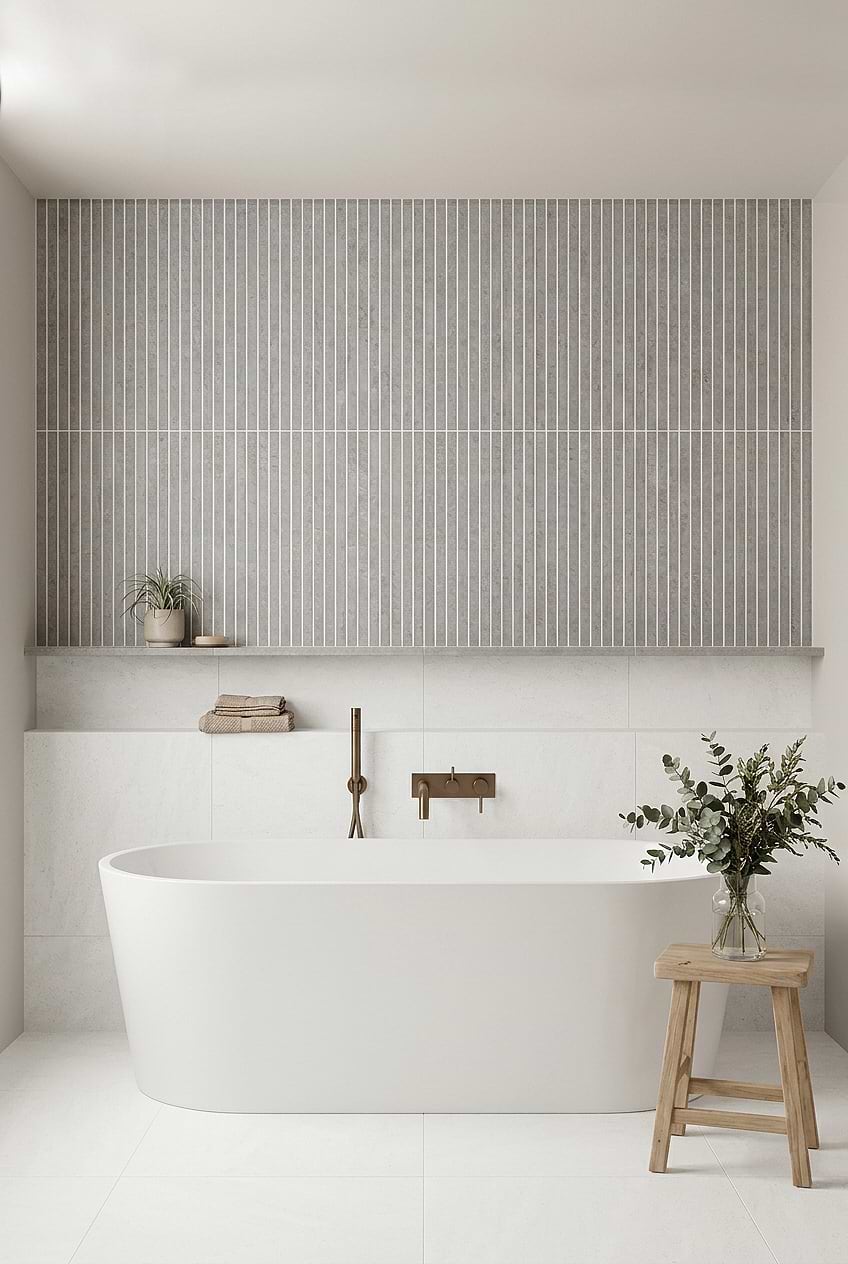 White Bathroom with Gray Porcelain Tiles BA4503 