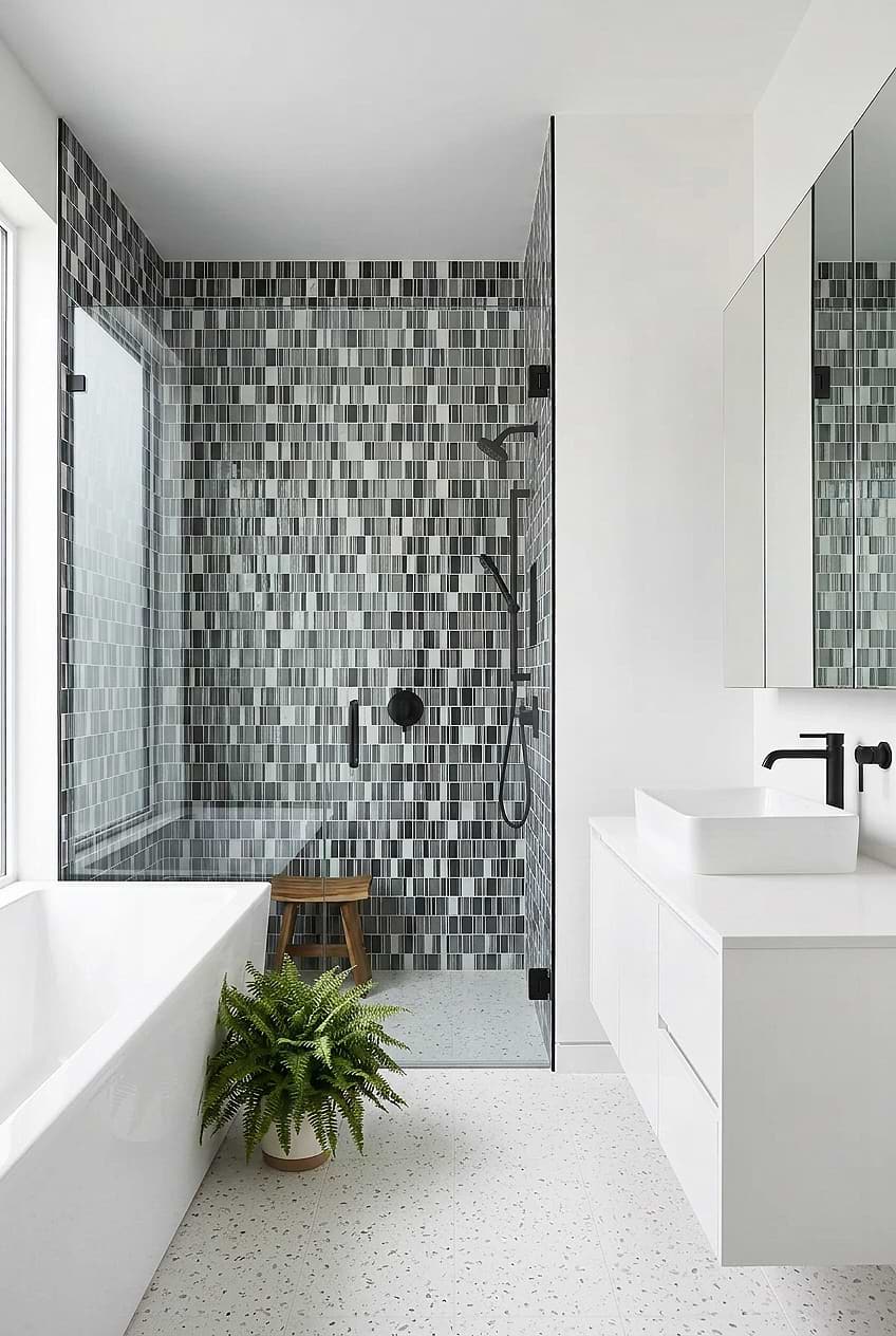 White Bathroom with Gray Silver Glass Marble Shower Mosaic BA1191