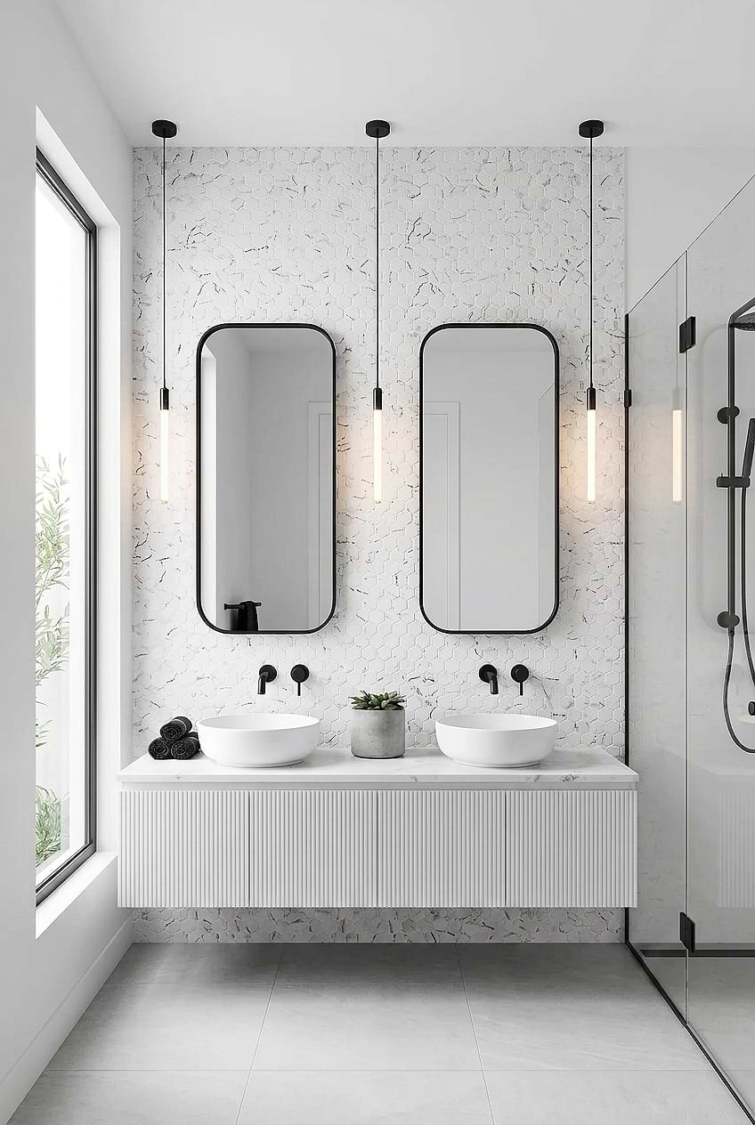 White Bathroom with Hexagon Glass Wall Tile BA5509