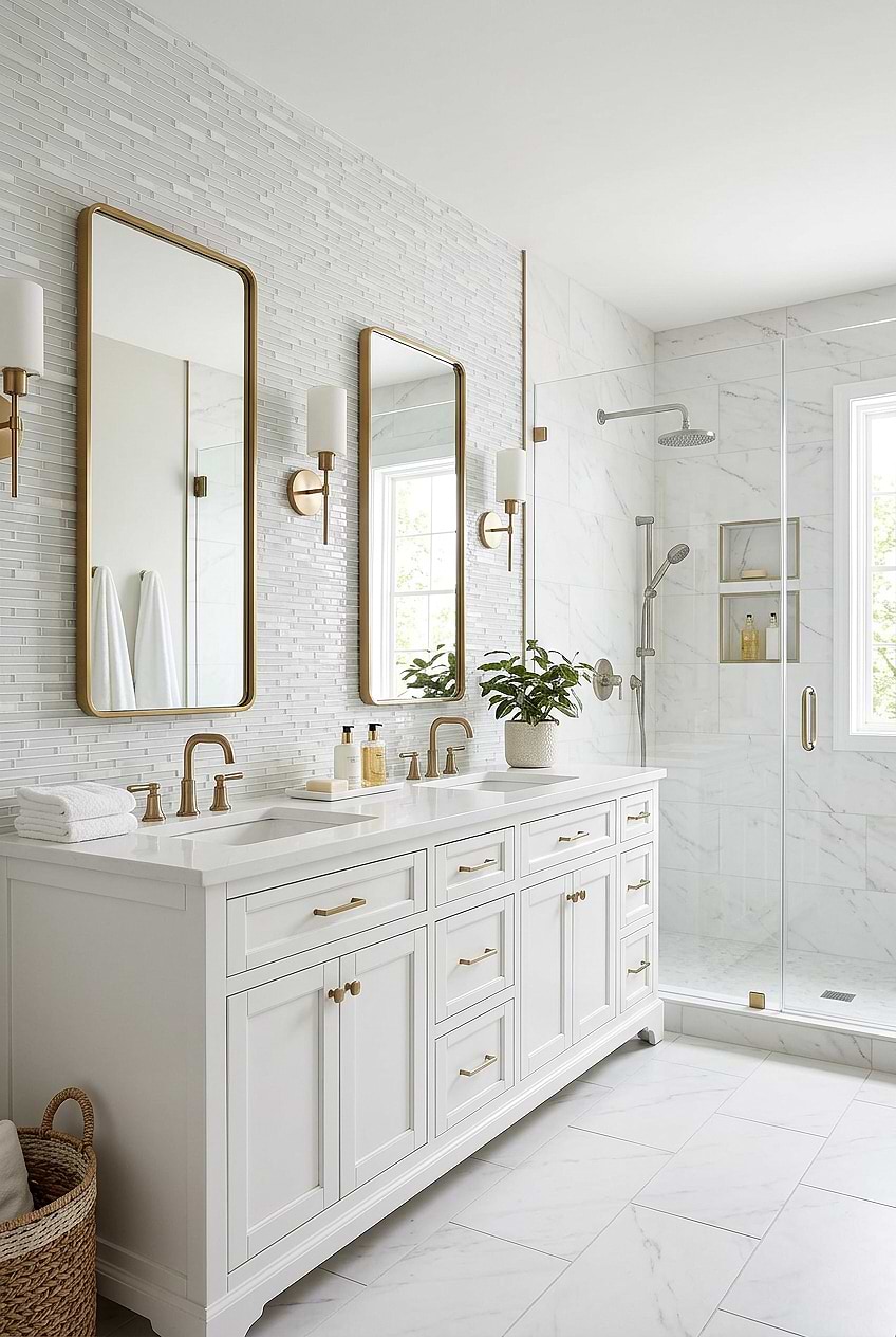 White Bathroom with Marble Glass Linear Mosaic BA1012