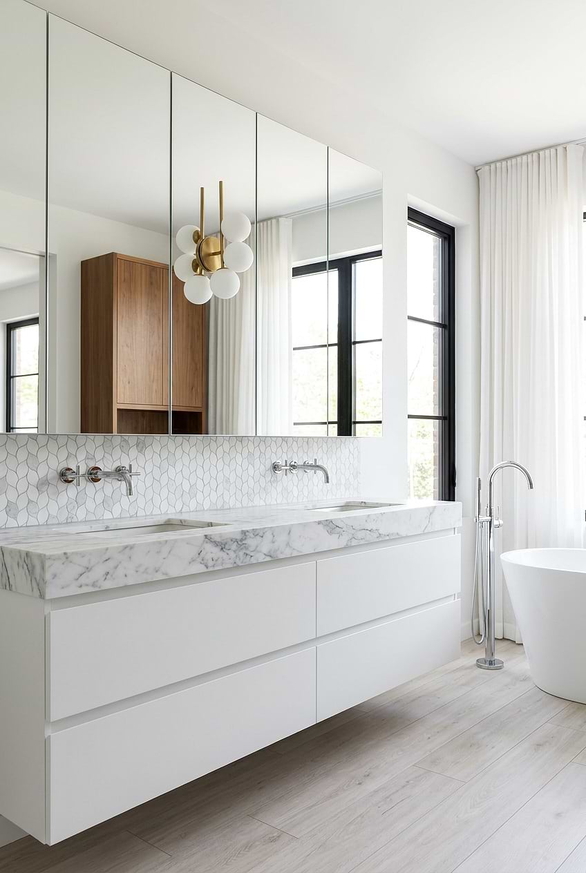 White Bathroom with Marble Leaf Backsplash Tile BA6316