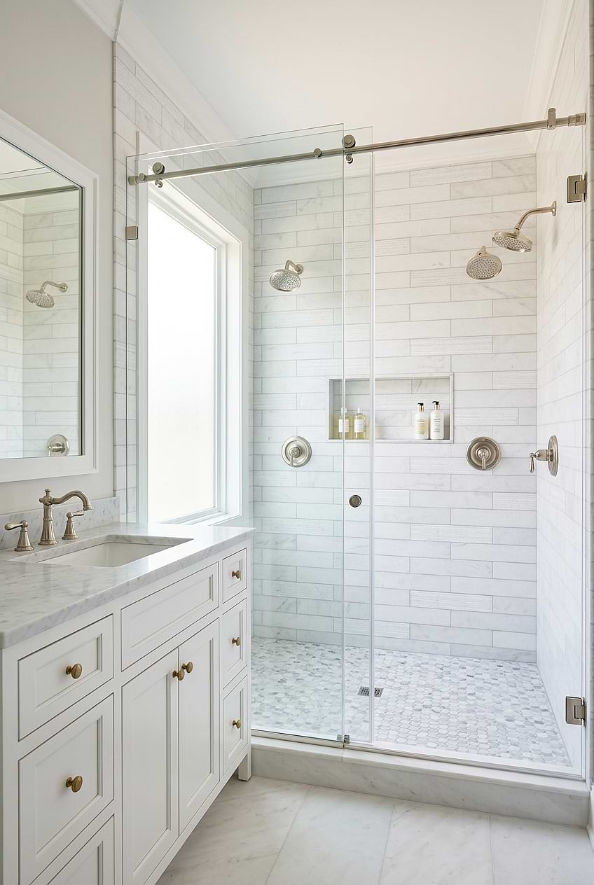White Bathroom with Marble Subway Tile Shower Walls BA8035