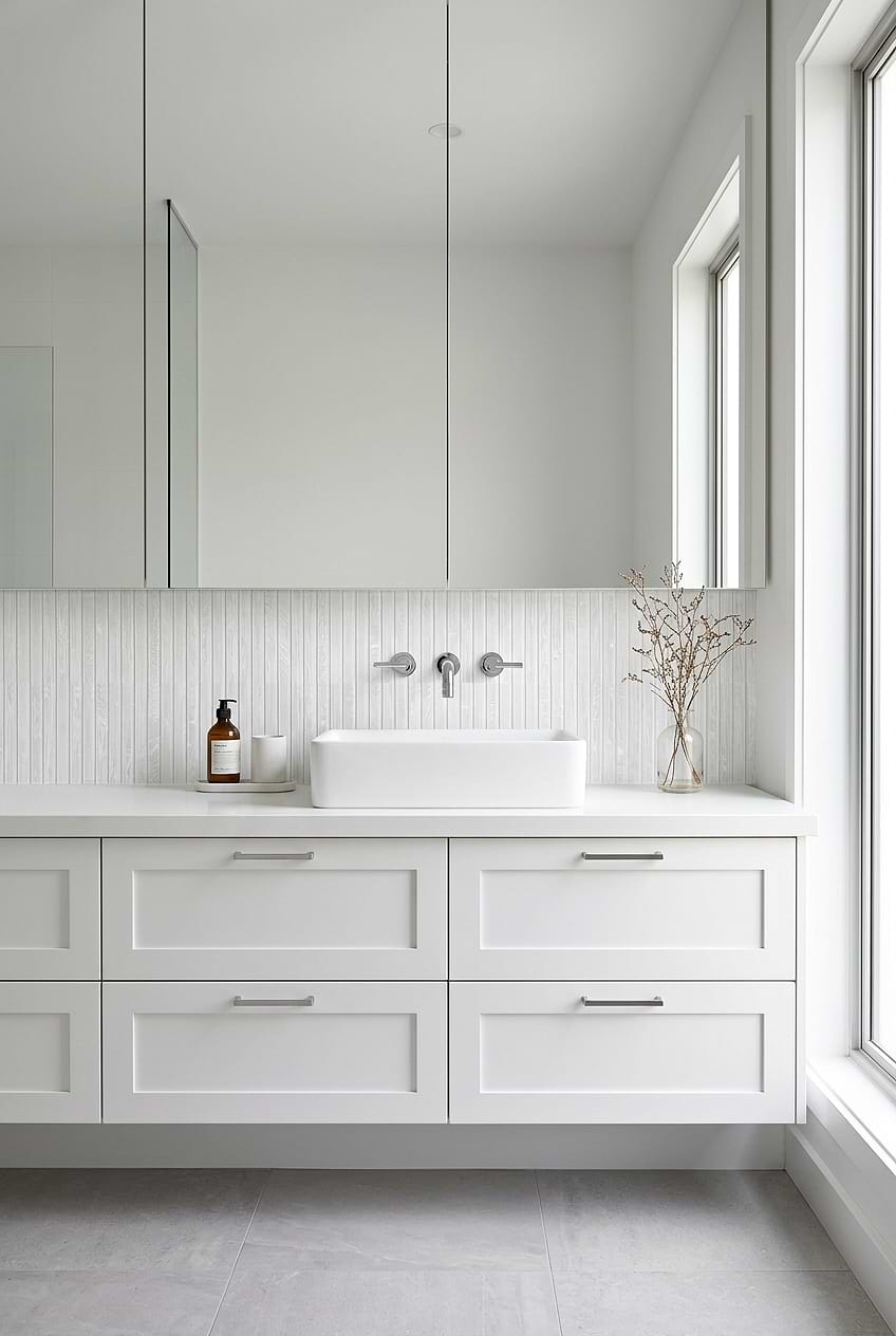 White Bathroom with Shell Glass Vanity Tile BA8023