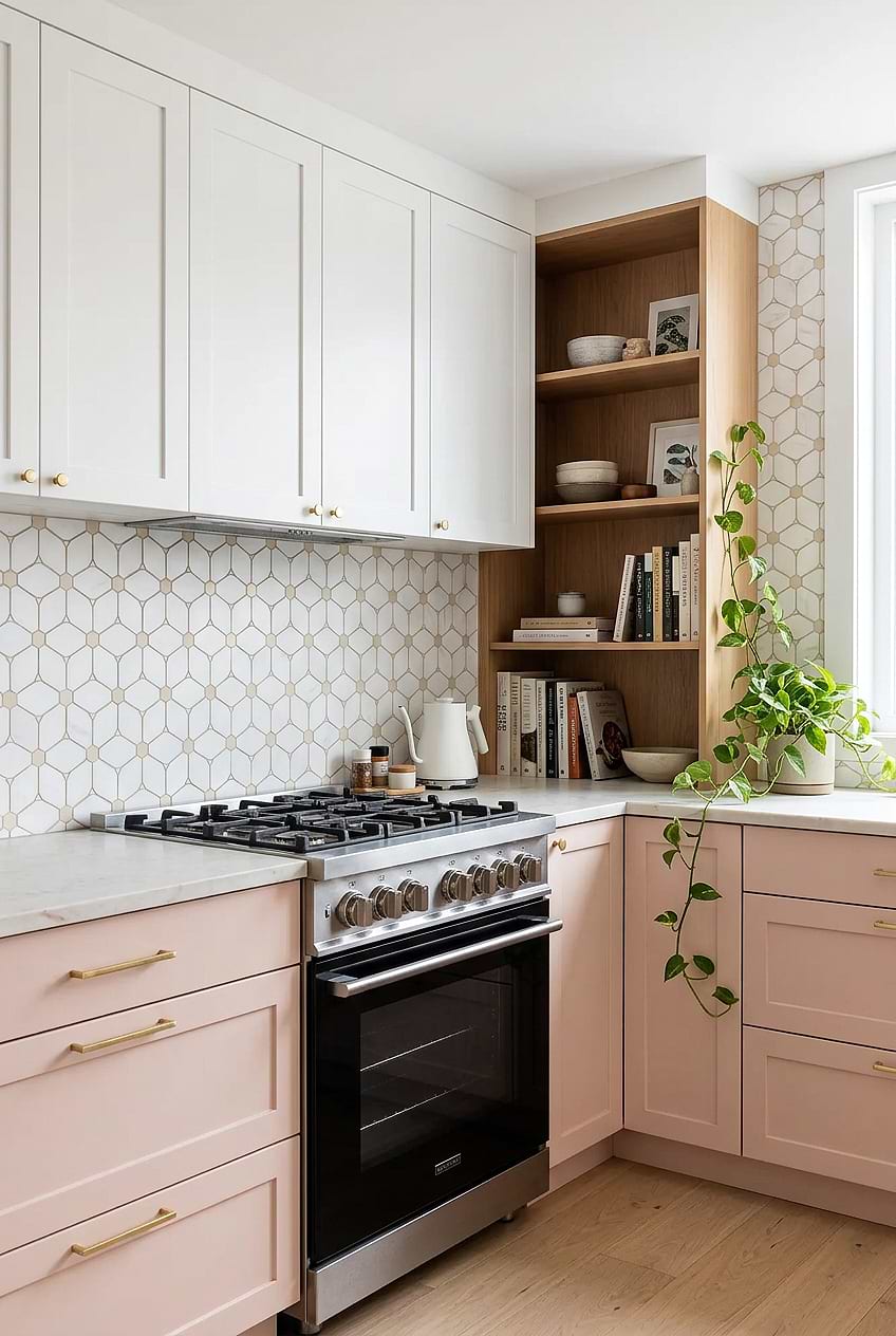 White Beige Marble Tile Pink Kitchen BA6310 White Beige Marble Tile Pink Kitchen BA6310