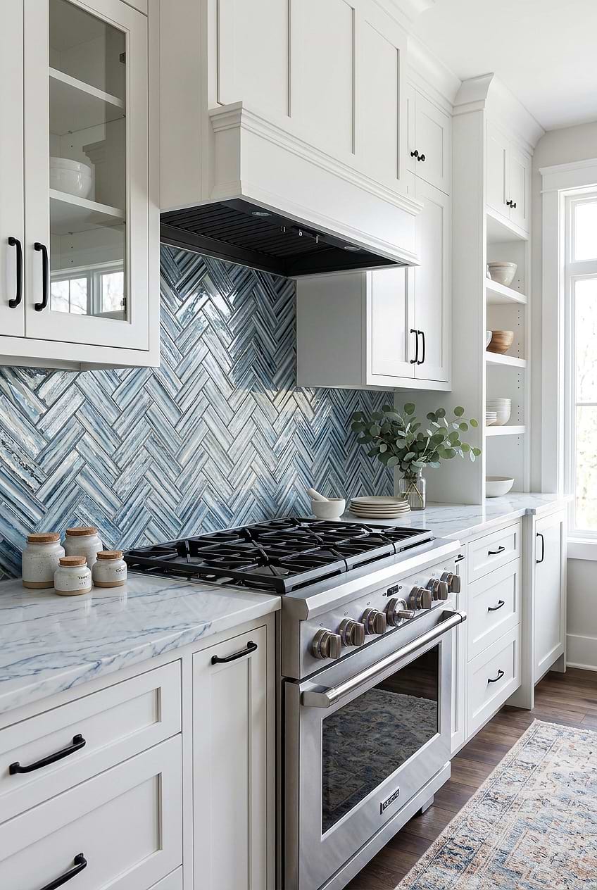 White Cabinets Blue Glass Herringbone Backsplash BA5525