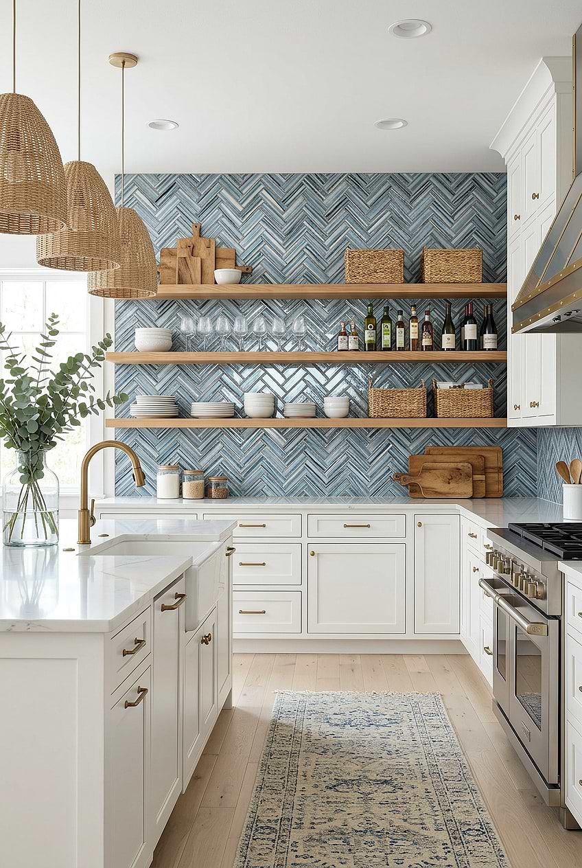 White Cabinets Blue Herringbone Backsplash BA5525 