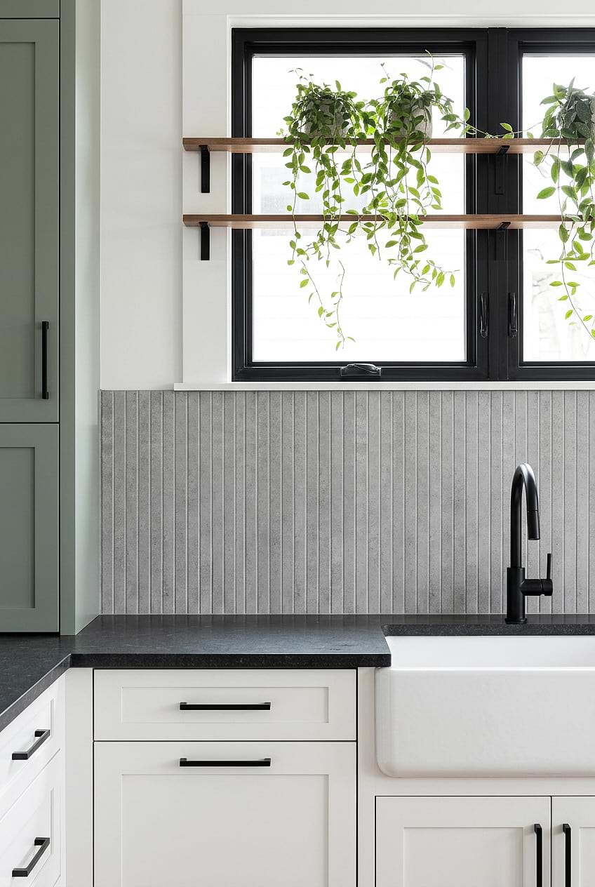 White Cabinets with Black Hardware Gray Backsplash BA4503