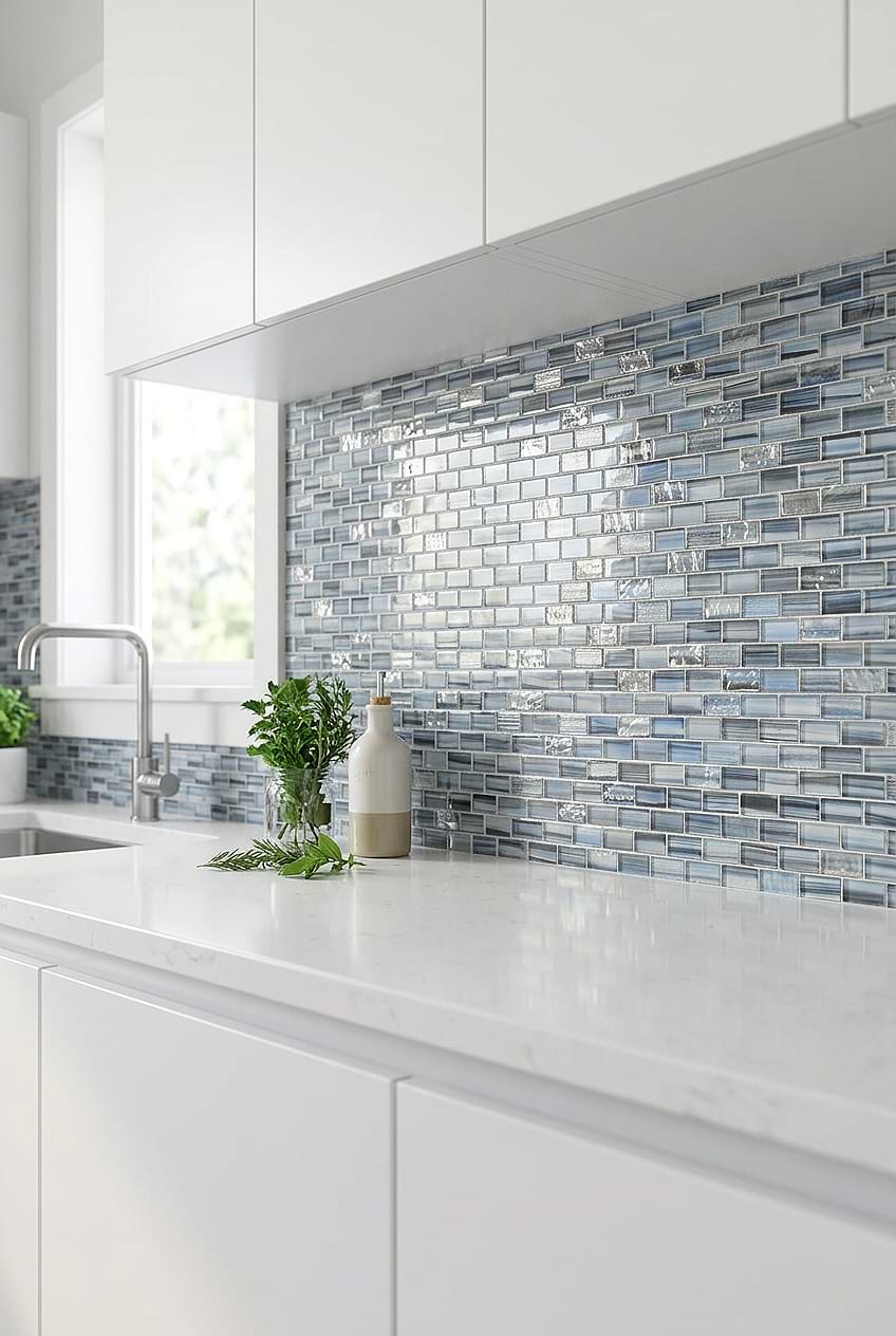 White Cabinets with Blue Backsplash BA5516