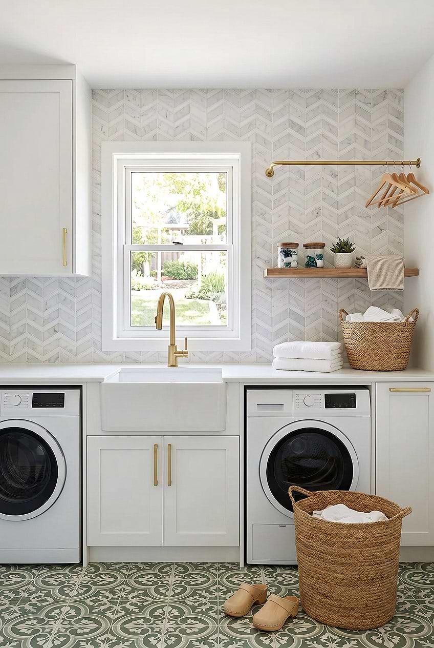 White Chevron Marble Laundry Backsplash Tile BA6311