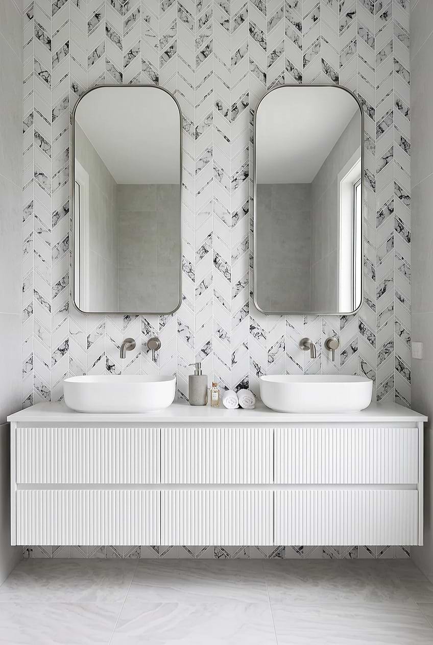 White Chevron Marble Look Bathroom Mosaic BA5506
