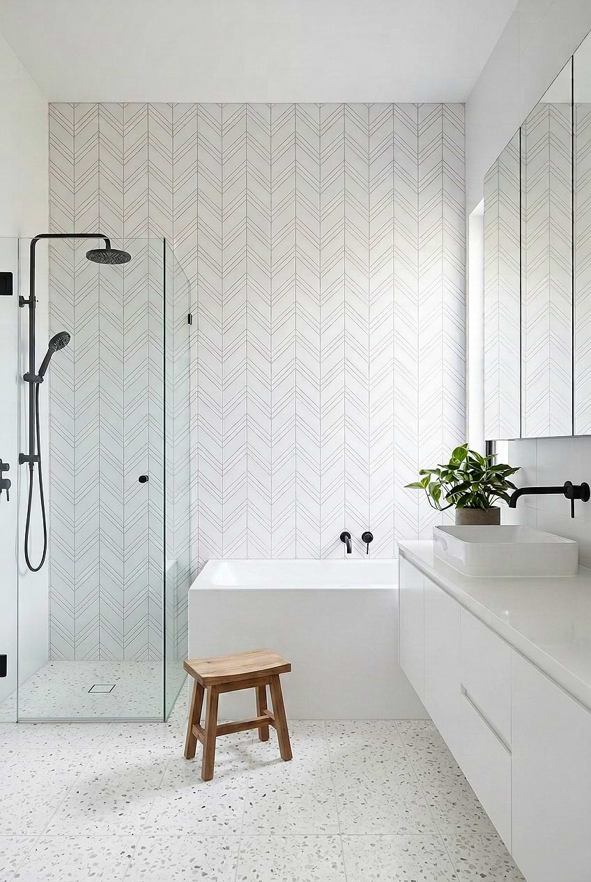 White Chevron Marble Shower Bathtub Wall BA6301