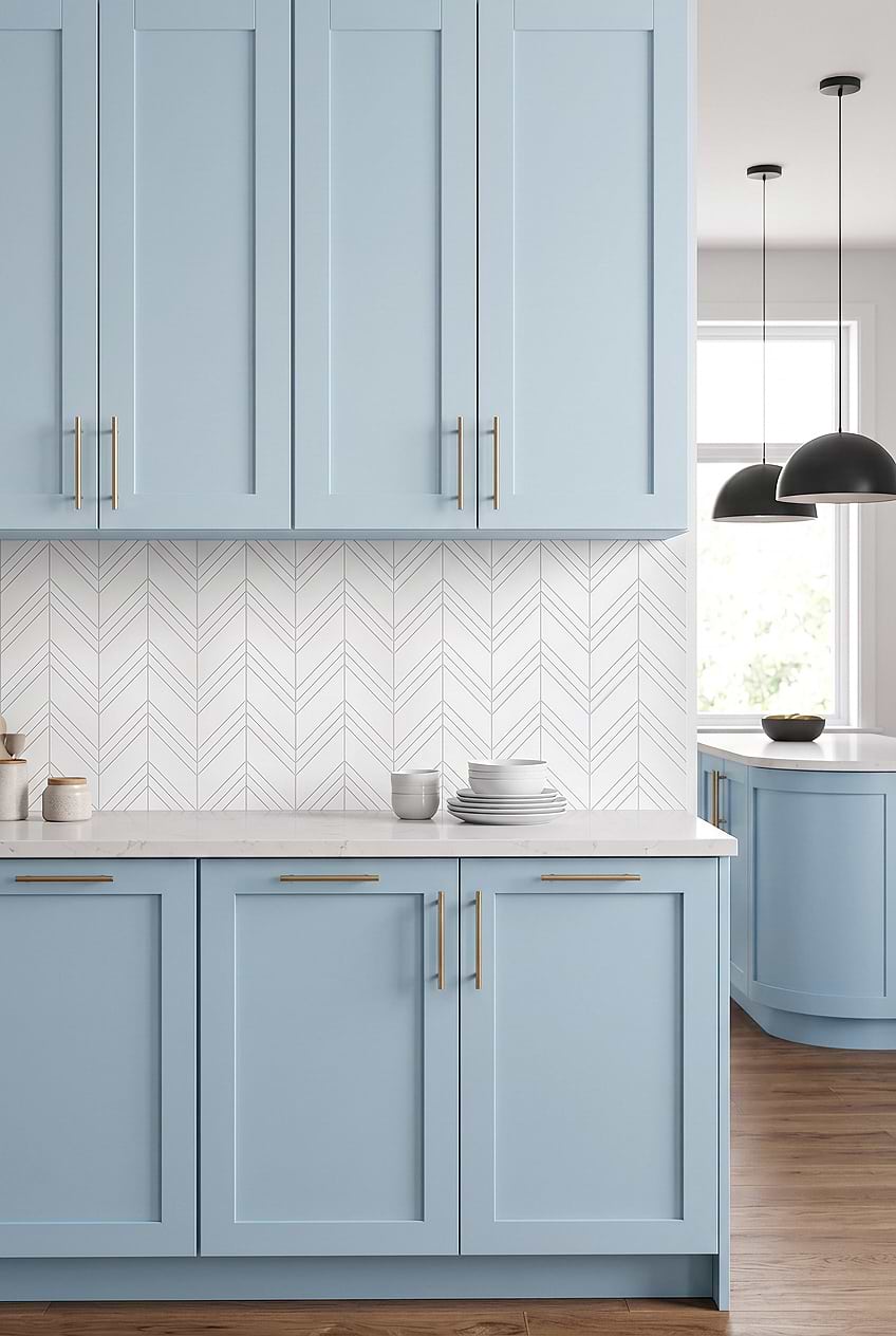 White Chevron Marble Tile Blue Cabinets BA6301