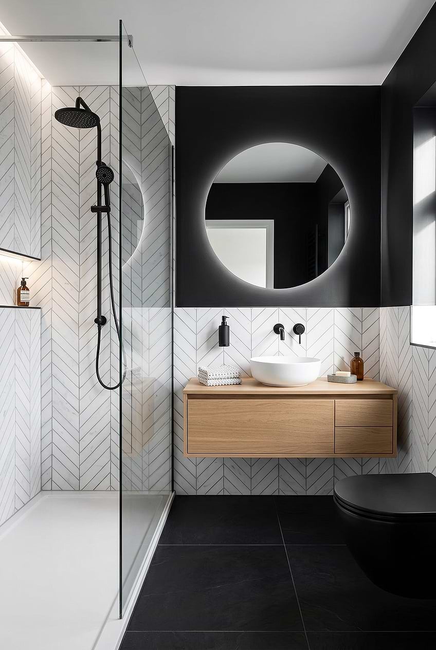 White Chevron Marble Tile for Black Bathroom BA6322