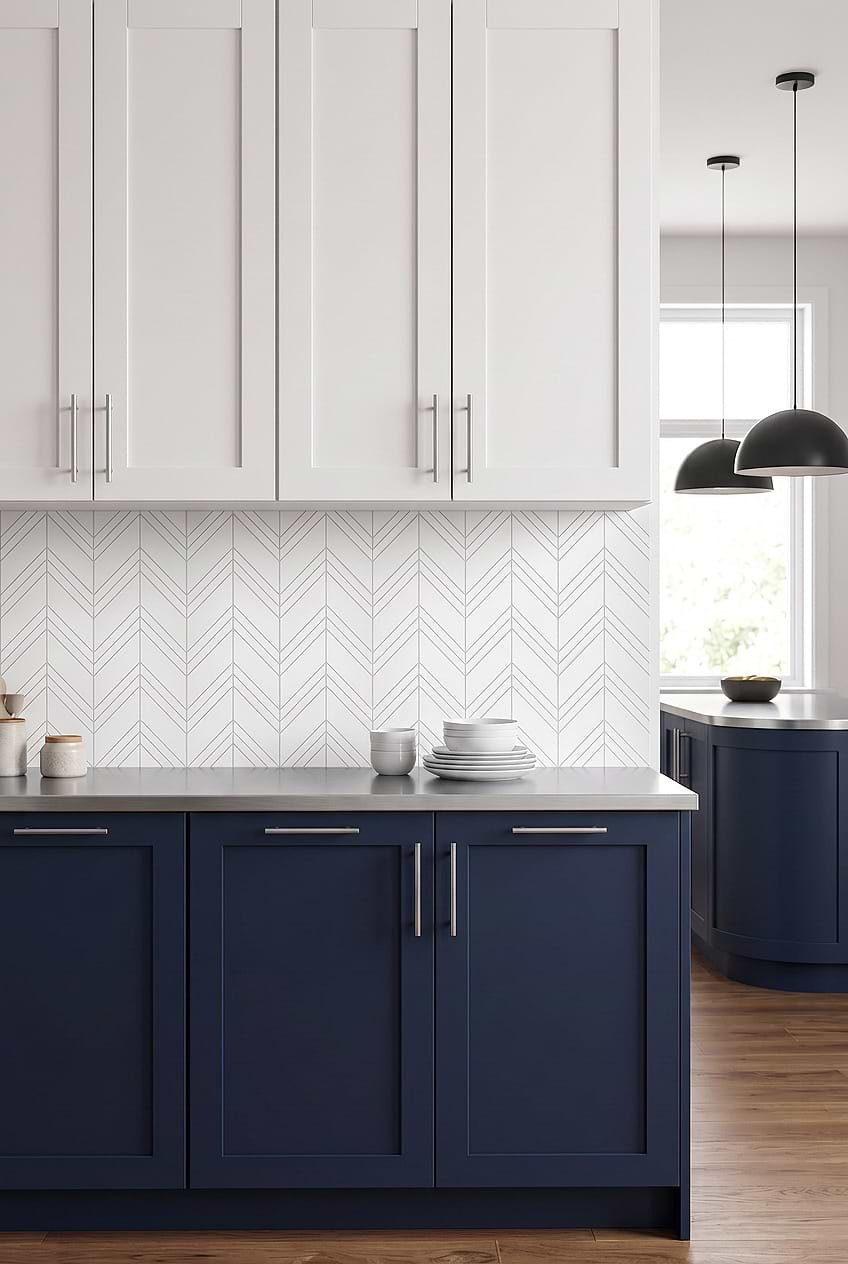 White Chevron Marble Tile with Navy Cabinets BA6301