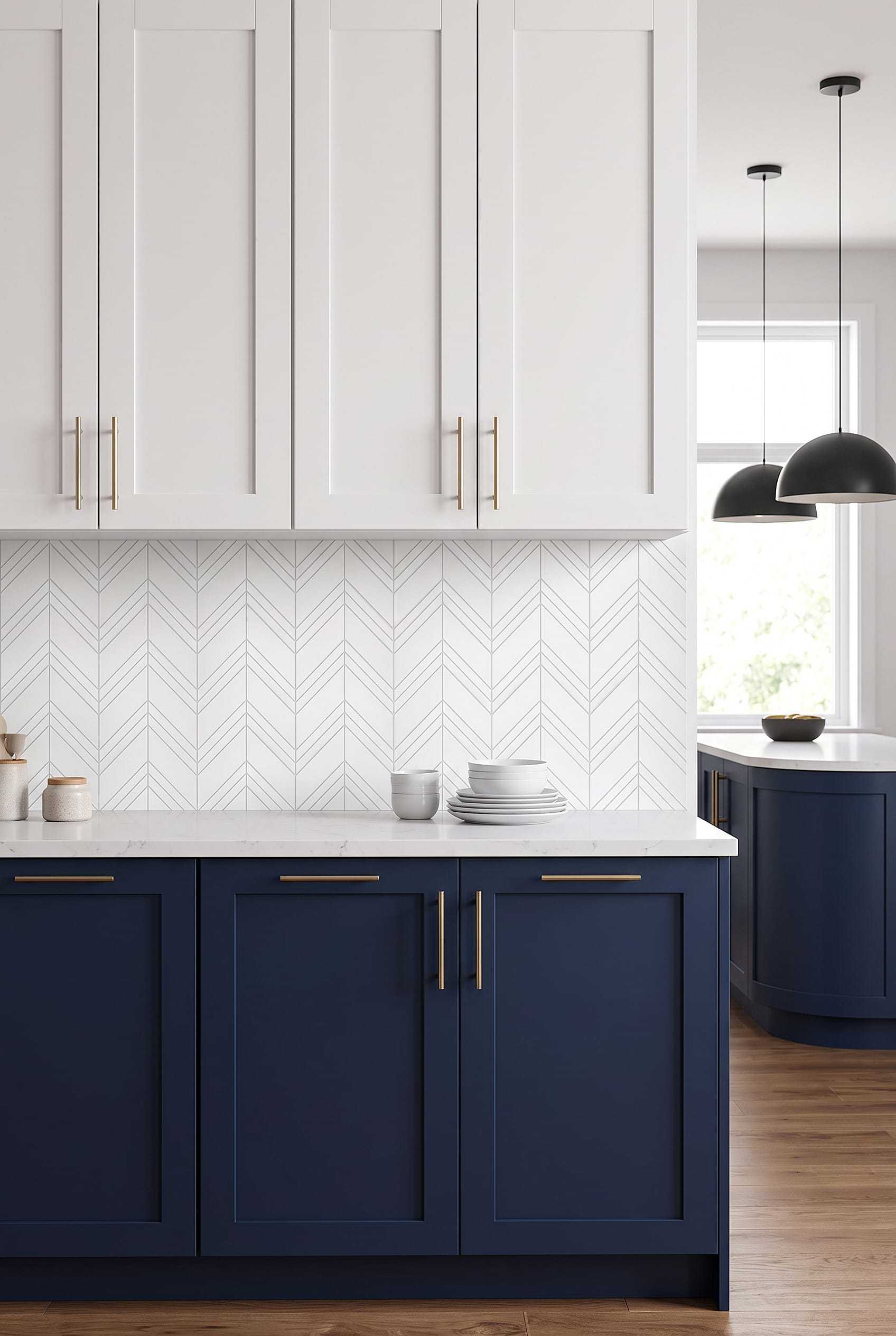 White Chevron Marble Transitional Kitchen Backsplash BA6301