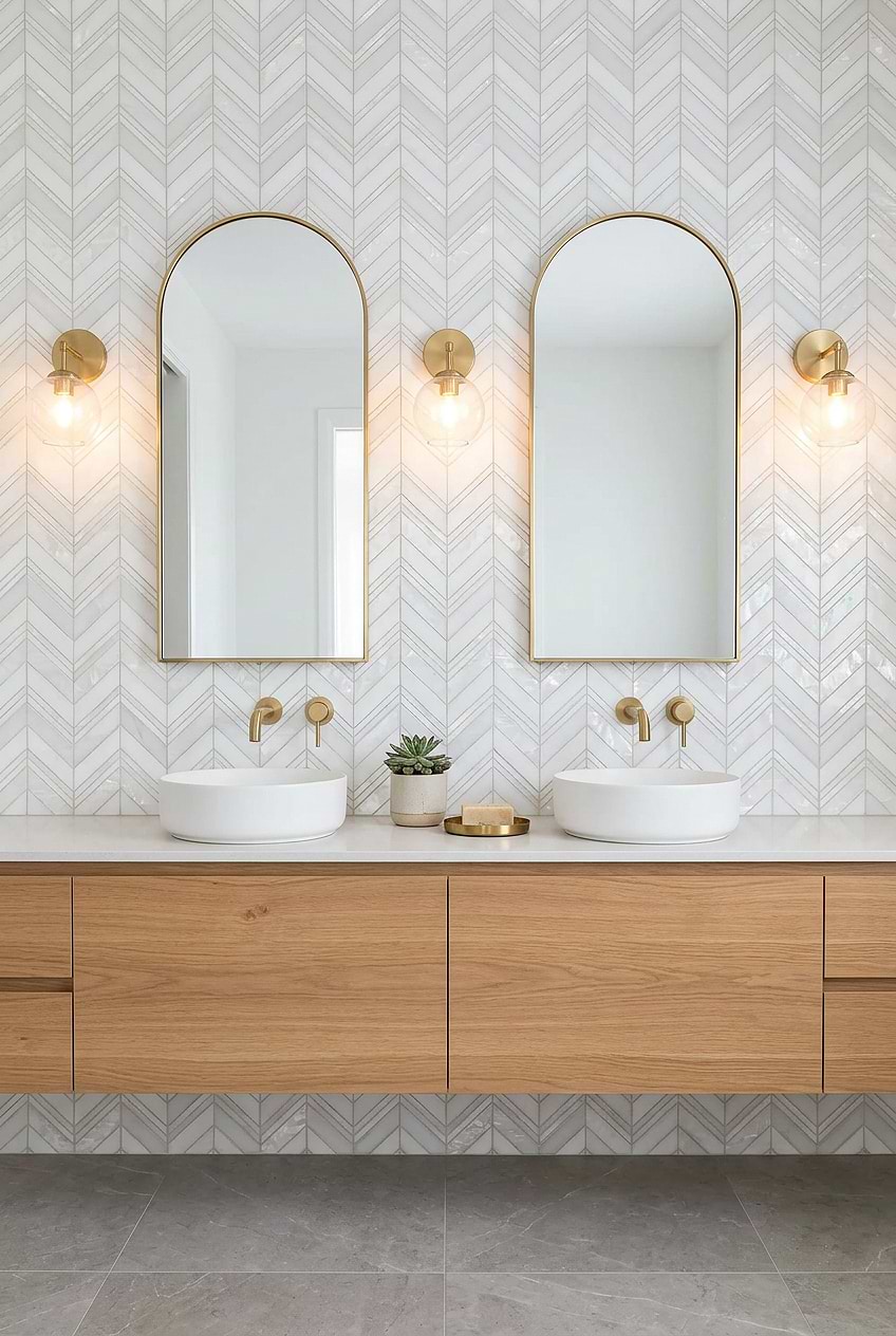 White Chevron Marble Vanity Backsplash BA8030