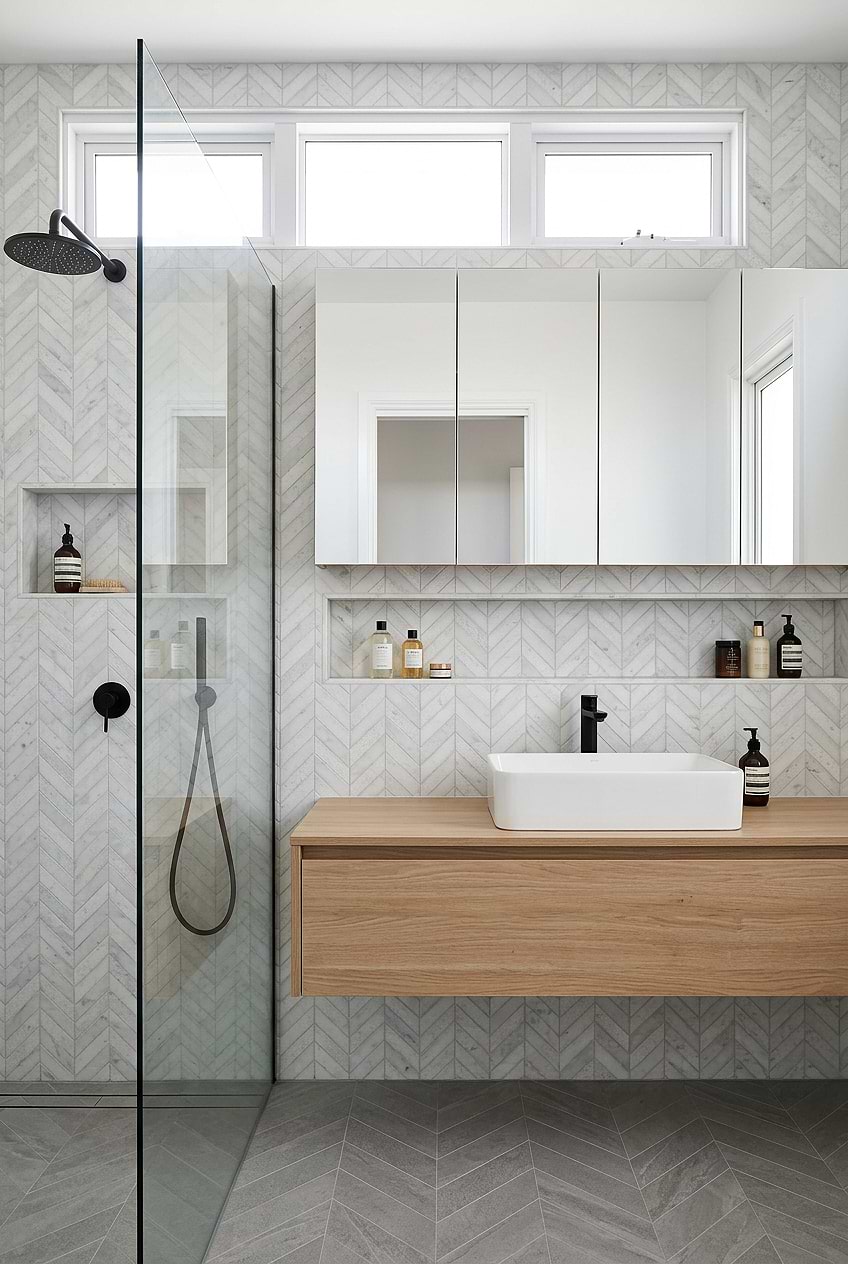 White Chevron Marble with Wood Vanity BA631613