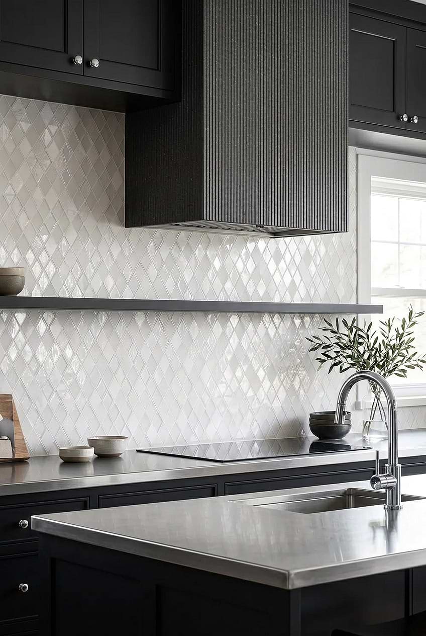 White Diamond Backsplash for Black Kitchen BA62046