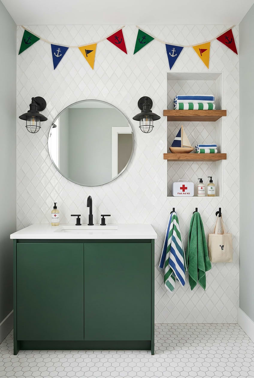 White Diamond Marble Mosaic Boys Bathroom BA6309