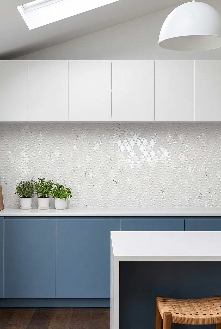 White Glass Backsplash for Blue and White Cabinets BA5502
