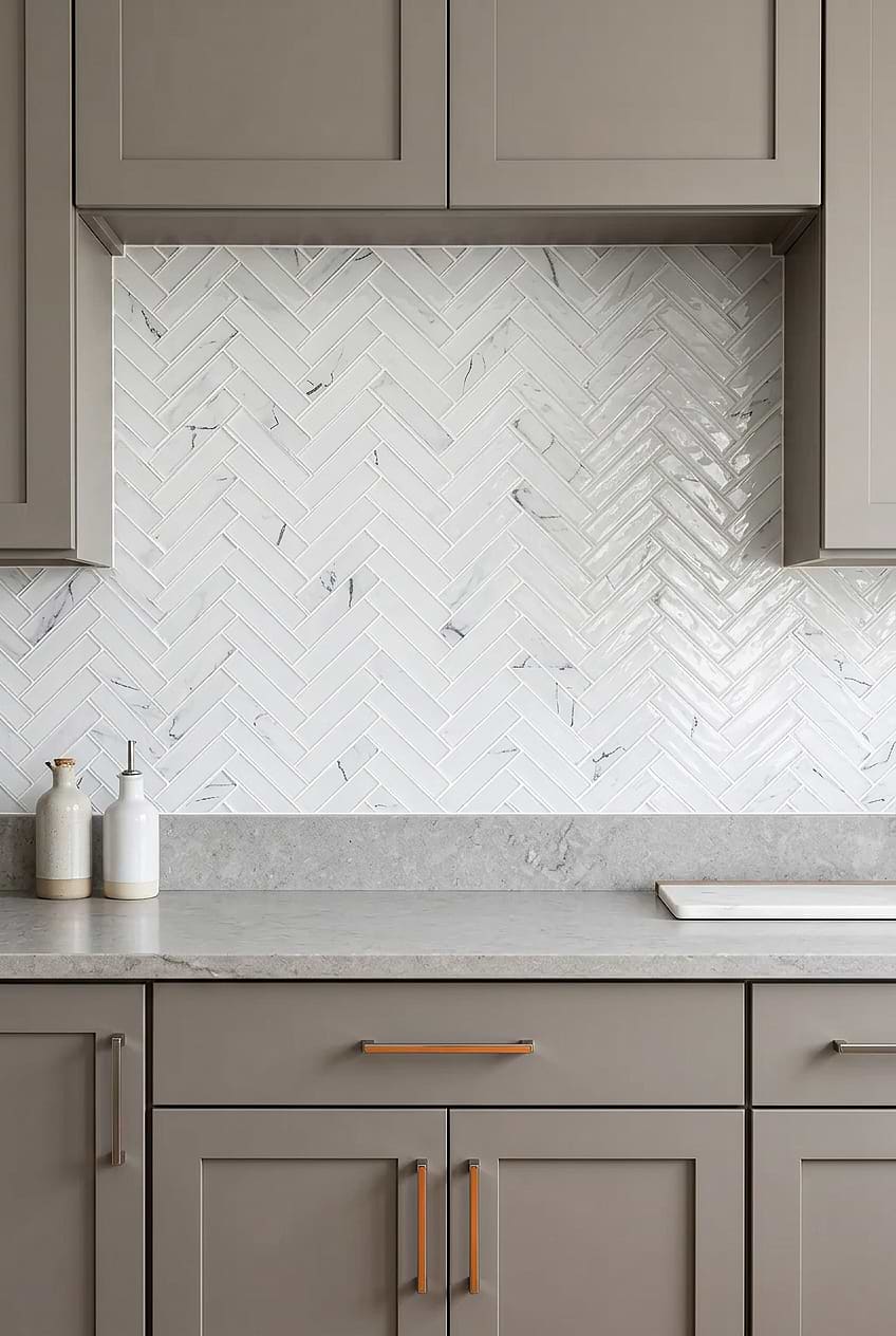 White Glass Herringbone Backsplash Gray Cabinets BA5503 White Glass Herringbone Backsplash Gray Cabinets BA5503