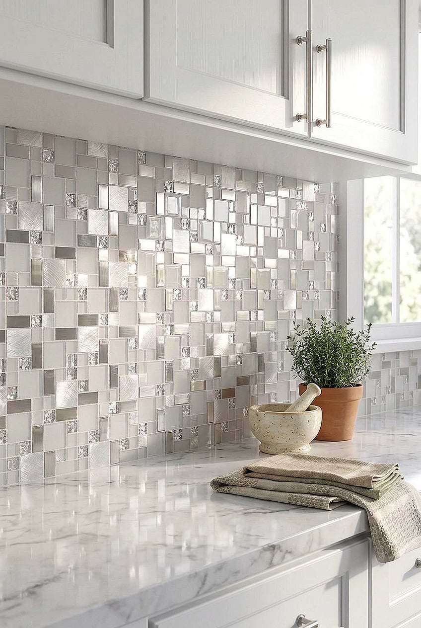 White Glass Metal Geometric Mosaic BA1138