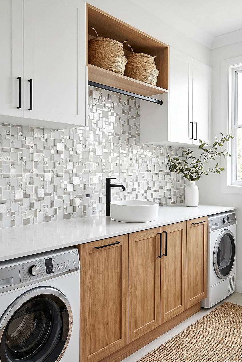 White Glass Metal Laundry Room Tile BA1138