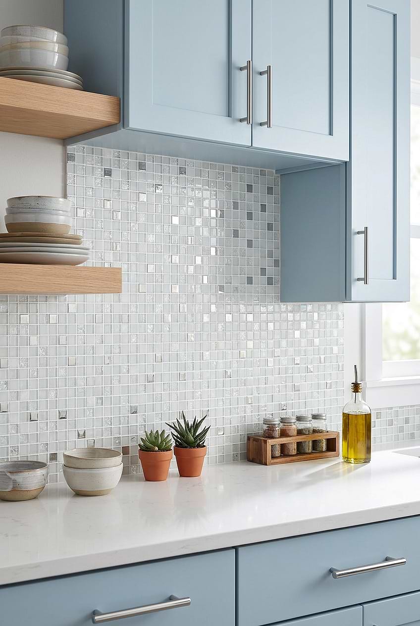 White Glass Metal Mix Mosaic Blue Cabinets BA1183