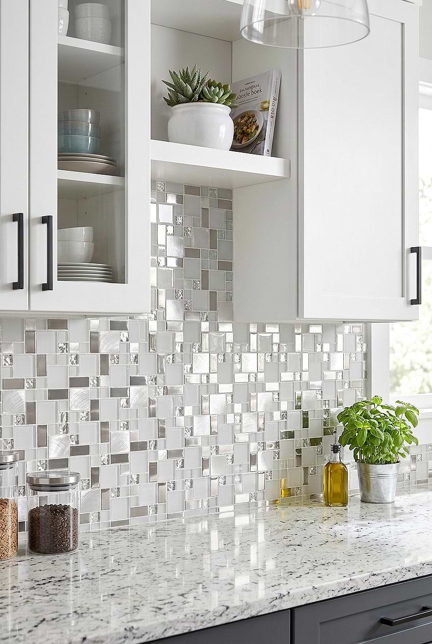 White Glass Metal Mosaic Backsplash BA1138 White Glass Metal Mosaic Backsplash BA1138