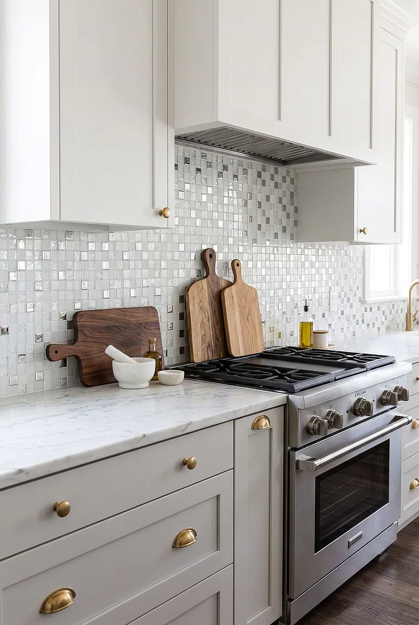White Glass Metal Mosaic Backsplash BA1183