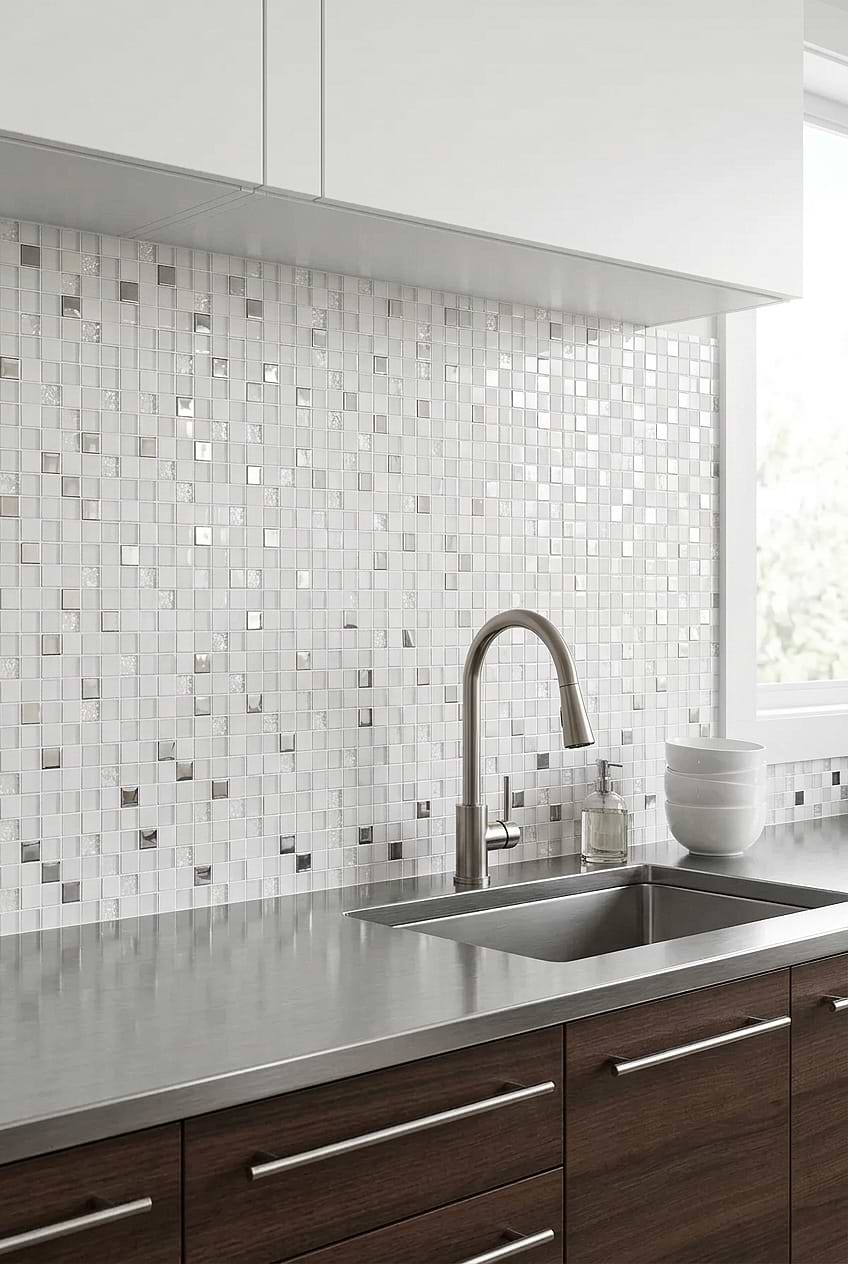 White Glass Metal Mosaic Backsplash BA1183