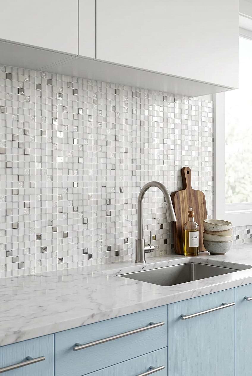 White Glass Metal Mosaic Kitchen Backsplash BA1183