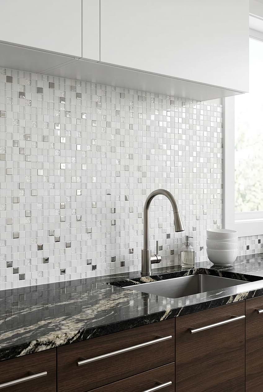 White Glass Metal Mosaic Kitchen Backsplash BA1183