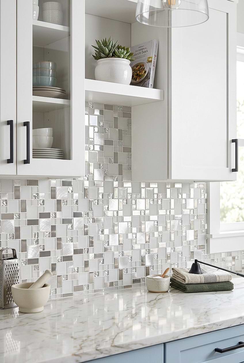 White Glass Metal Mosaic Kitchen Tile BA1138