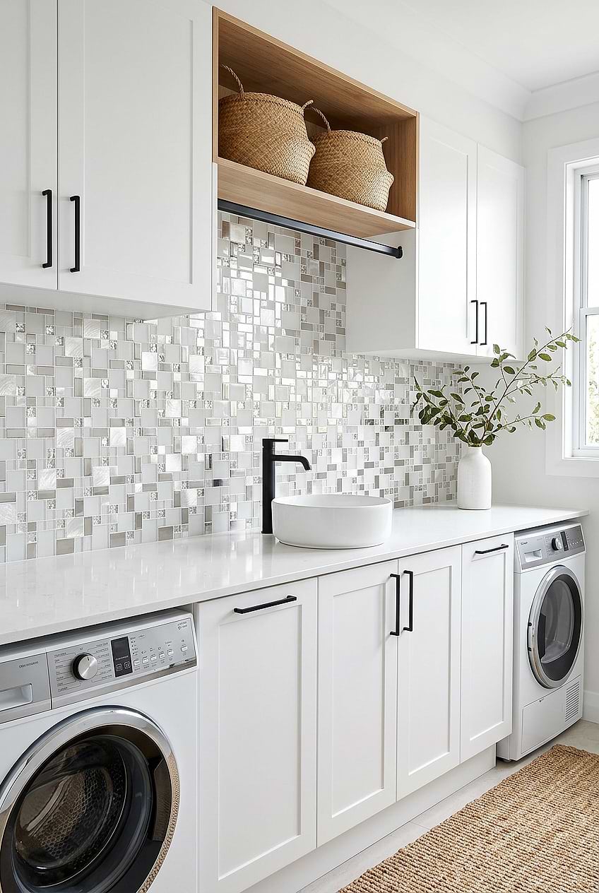 White Glass Metal Mosaic Laundry Tile BA1138