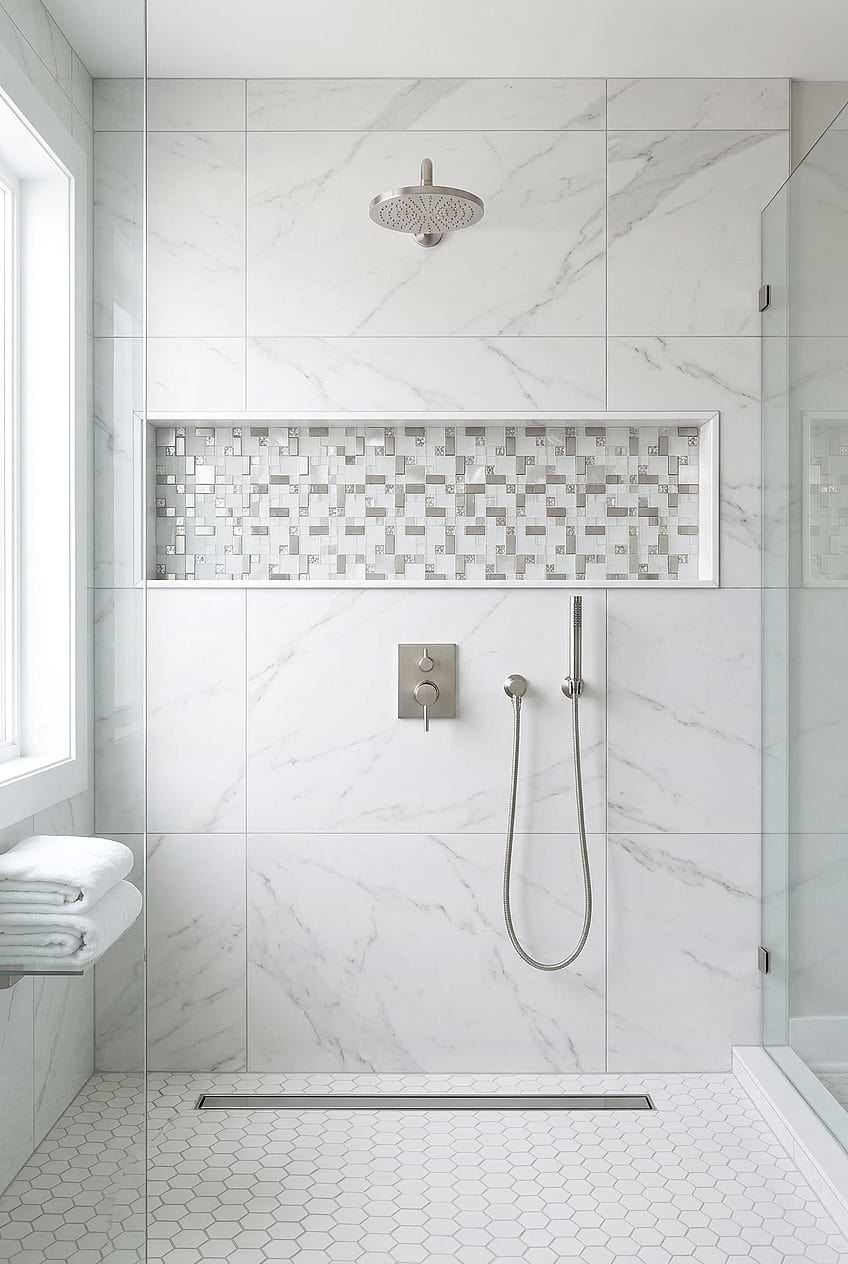 White Glass Metal Shower Niche Mosaic BA1138