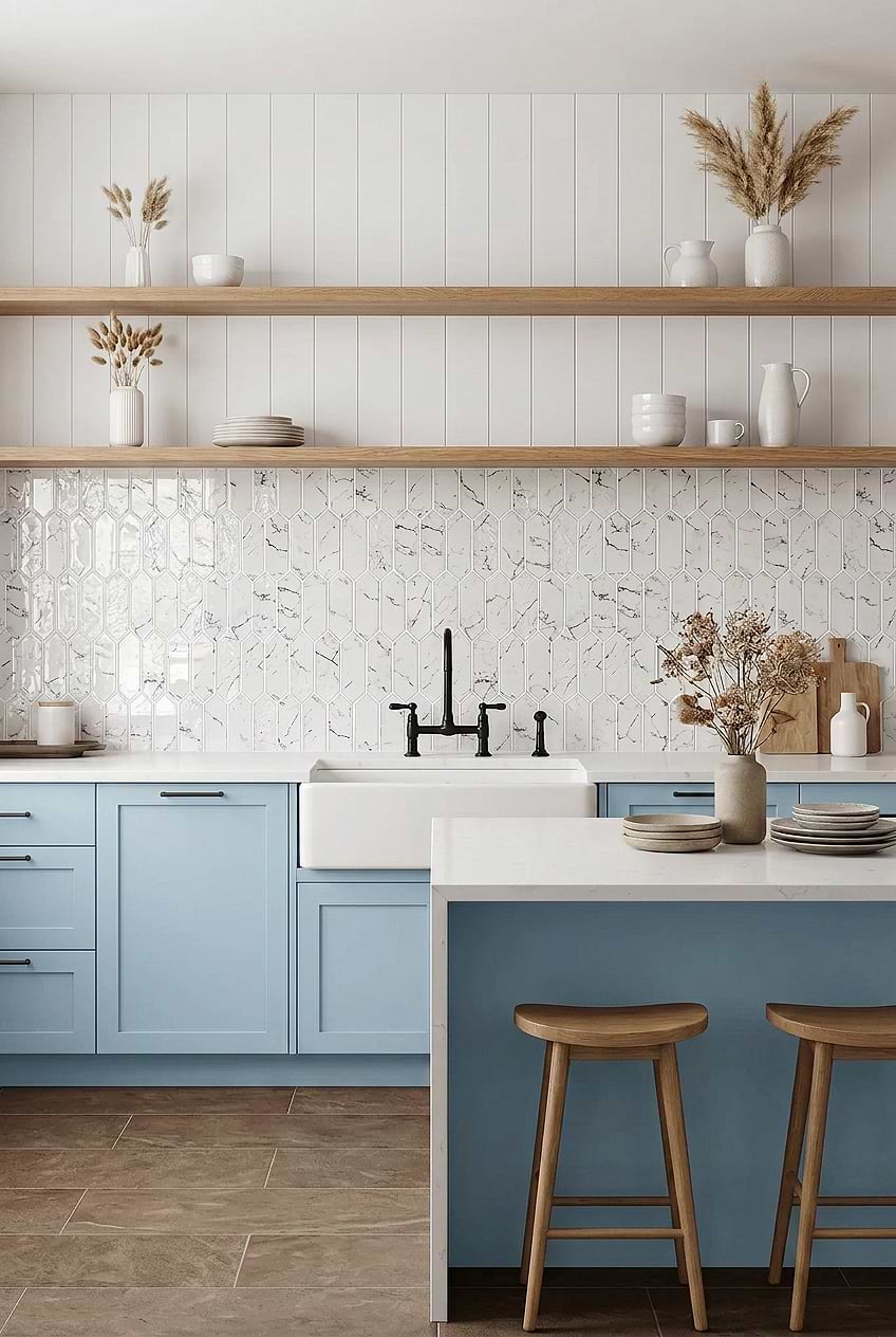 White Glass Picket Backsplash with Blue Cabinets BA5504
