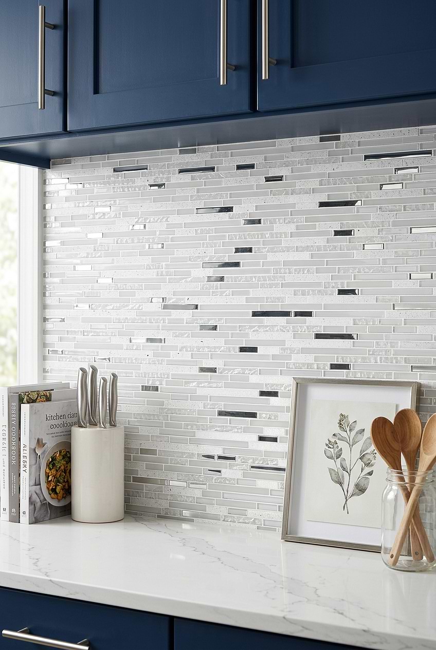 White Glass Quartz Linear Mosaic Backsplash BA62038