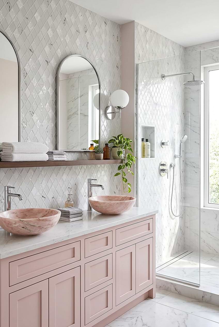 White Glass Rhomboid Girls Bathroom Tile BA5502