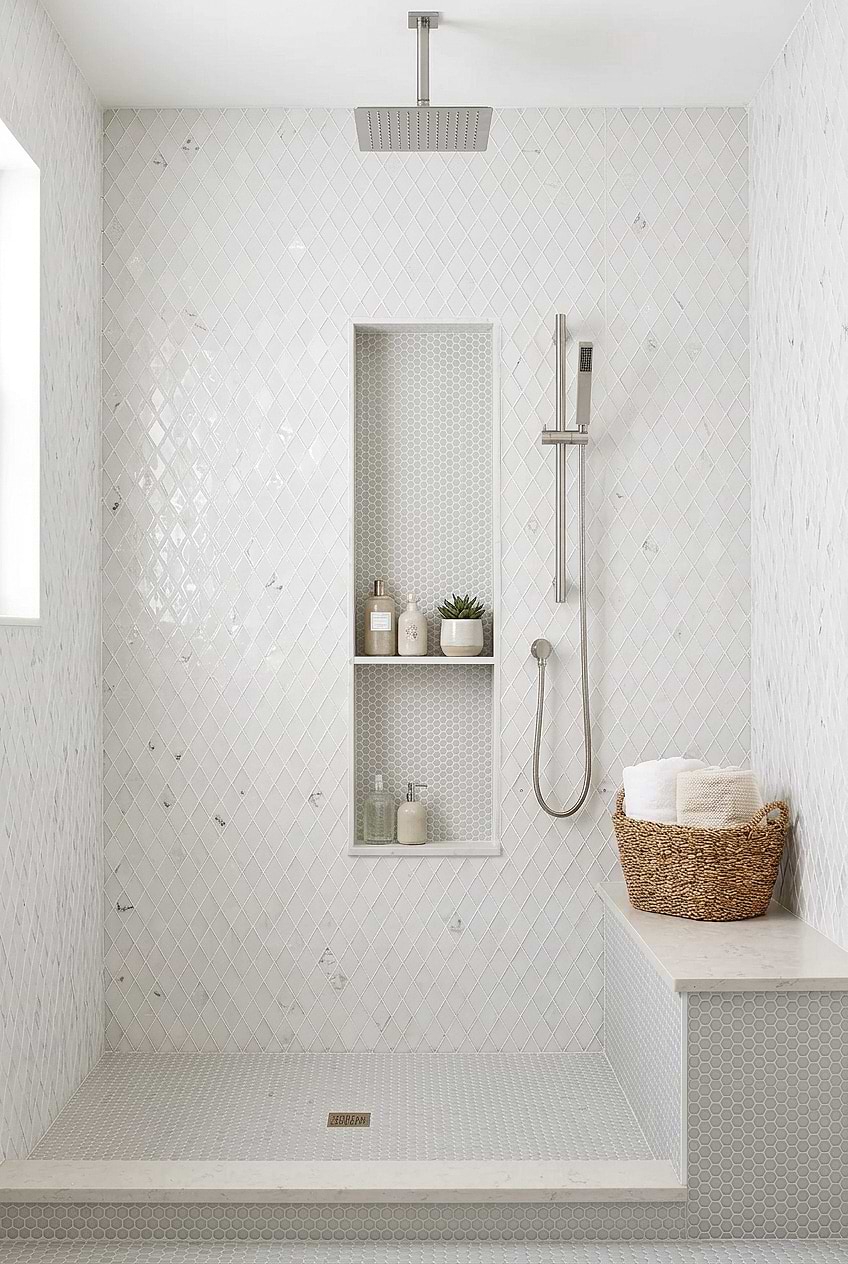 White Glass Rhomboid Mosaic Shower Tile BA5502
